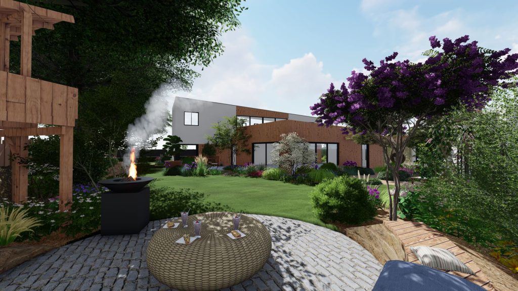 vue sur le jardin depuis un salon en pierre et coin brasero