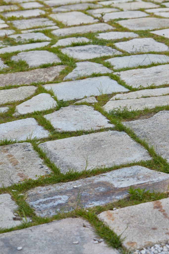 focus sur des dalles en pierre naturelle avec joints en herbe