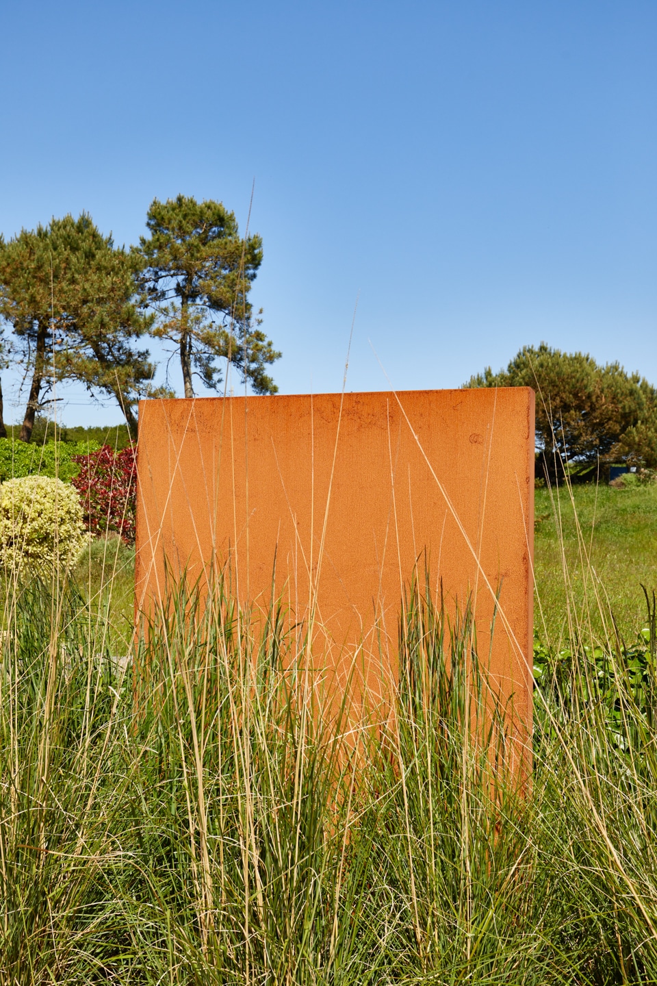 brise vue en corten avec graminées devant
