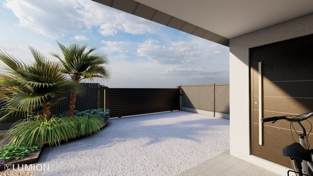 3D d'une entrée de masion avec portail en aluminium