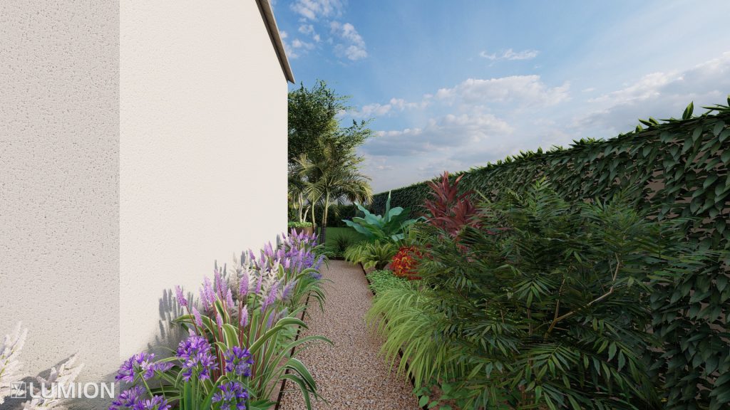 allée bordée végétaux , vue en 3D