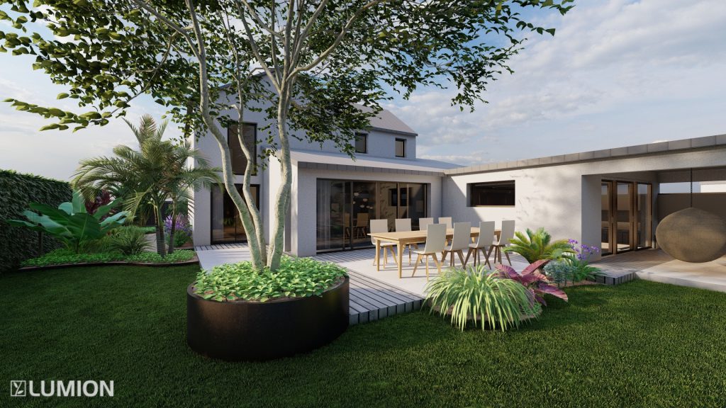 Arbre en cépée dans un bac alu rond en angle de terrasse