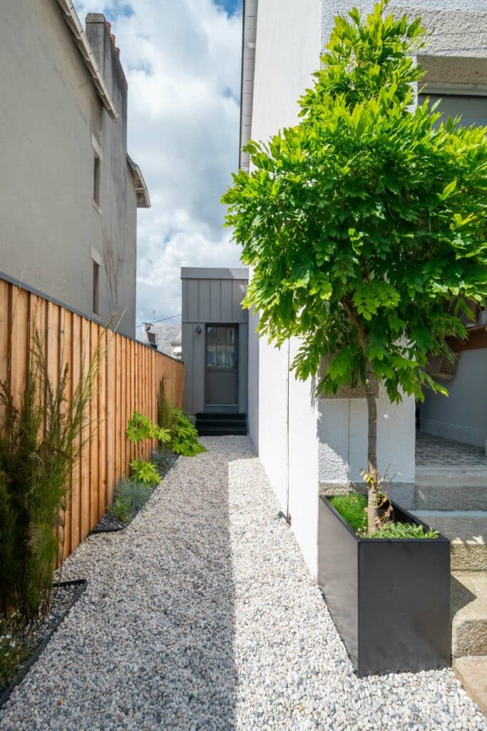 côté d'un jardin de ville avec une glycine dans un bac alu, claustra en bois