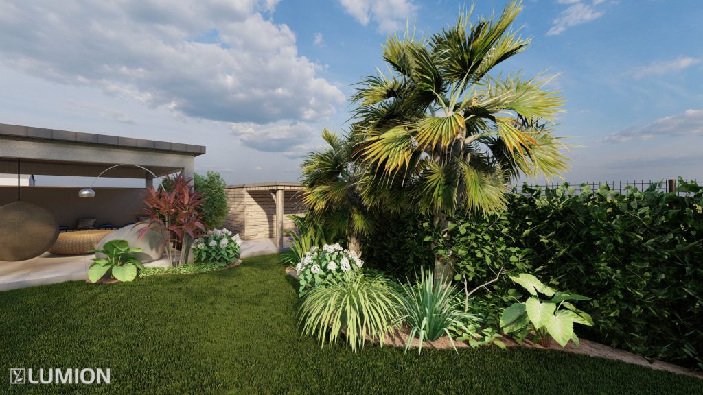 massif 3D avec palmier et lomandra