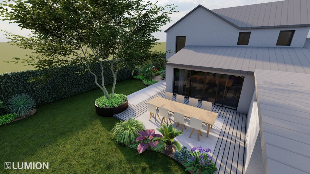 vue 3D de haut d'un jardin avec coin cuisine