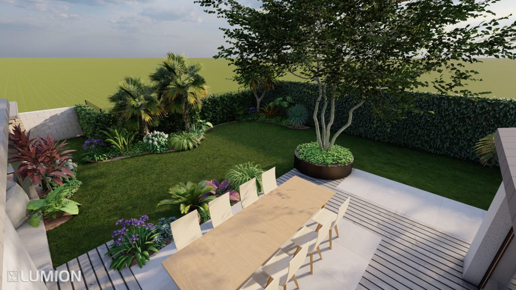 vue 3D du jardin avec arbre en cépée