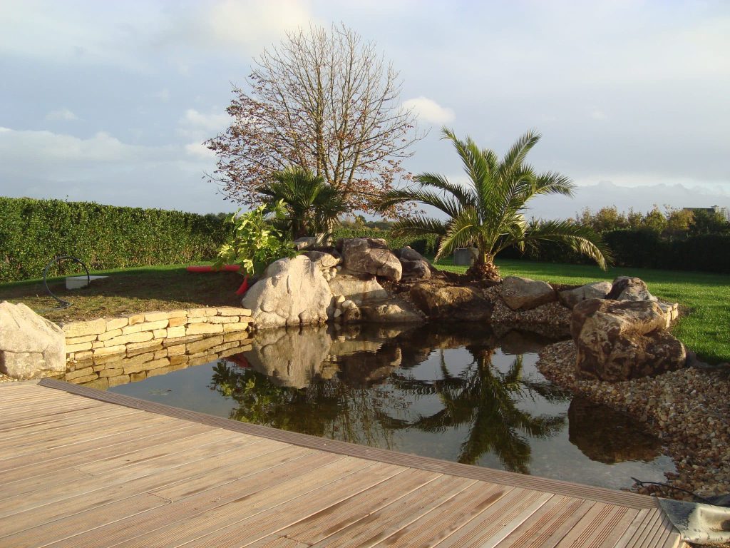 vue d'une terrasse bois le long d'un bassin avec des roches et palmiers autour