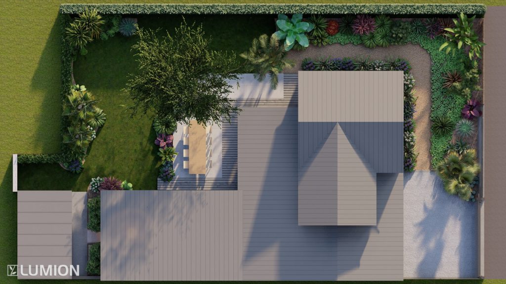 vue du ciel de l'ensemble du jardin et de la maison