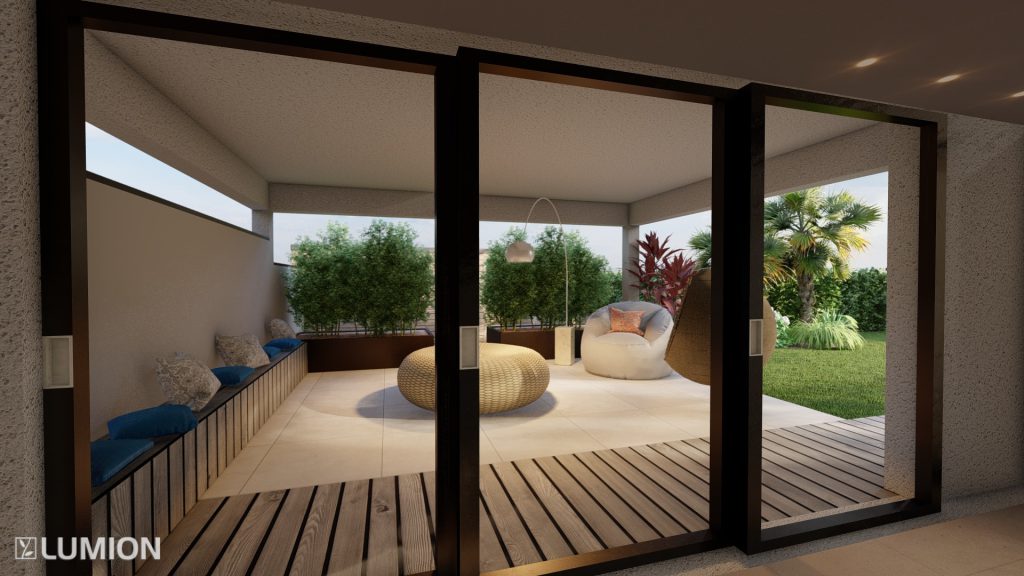 vue un patio coin repos avec banquette tout autour