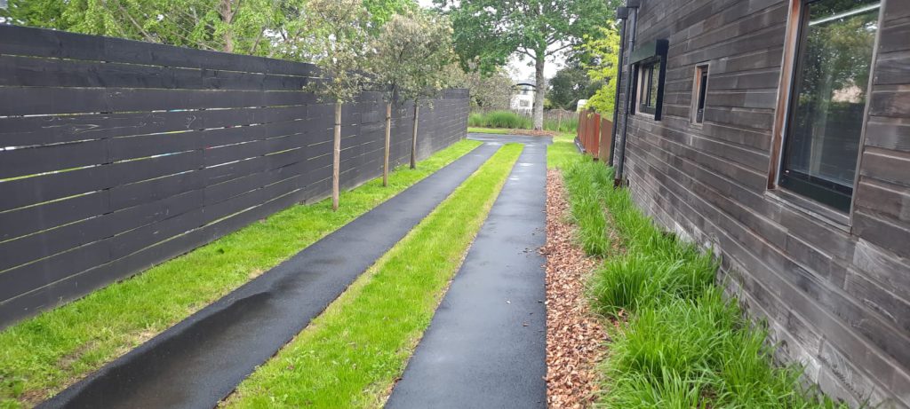 bande de roulement en enrobée avec du gazon autour et des chênes verts